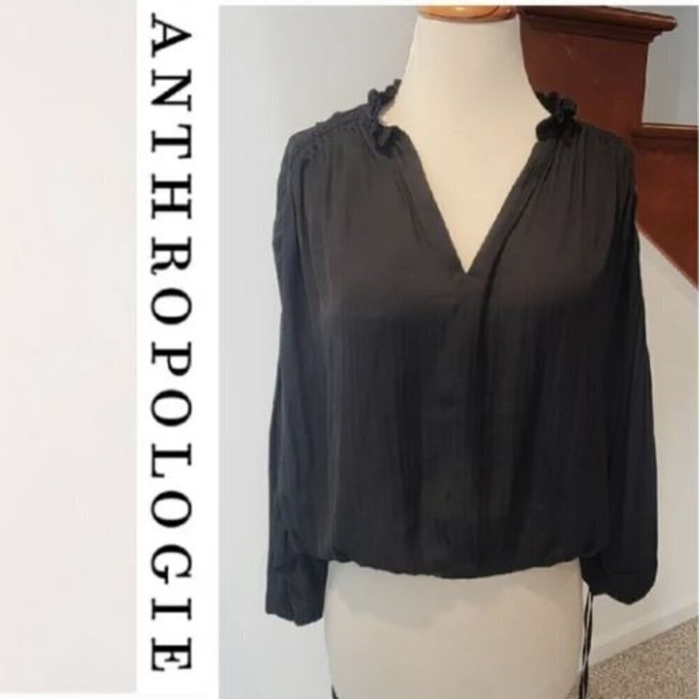 Anthropologie black cropped ruched sleeves blouse Size XS